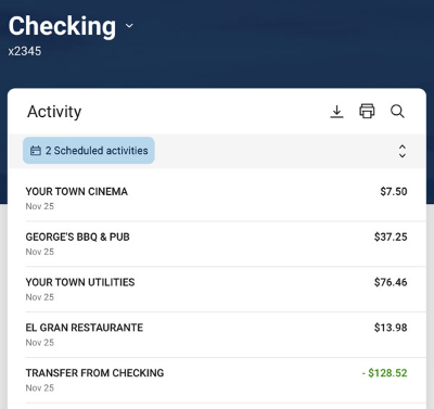 Example of transaction list view snapshot of account activity.